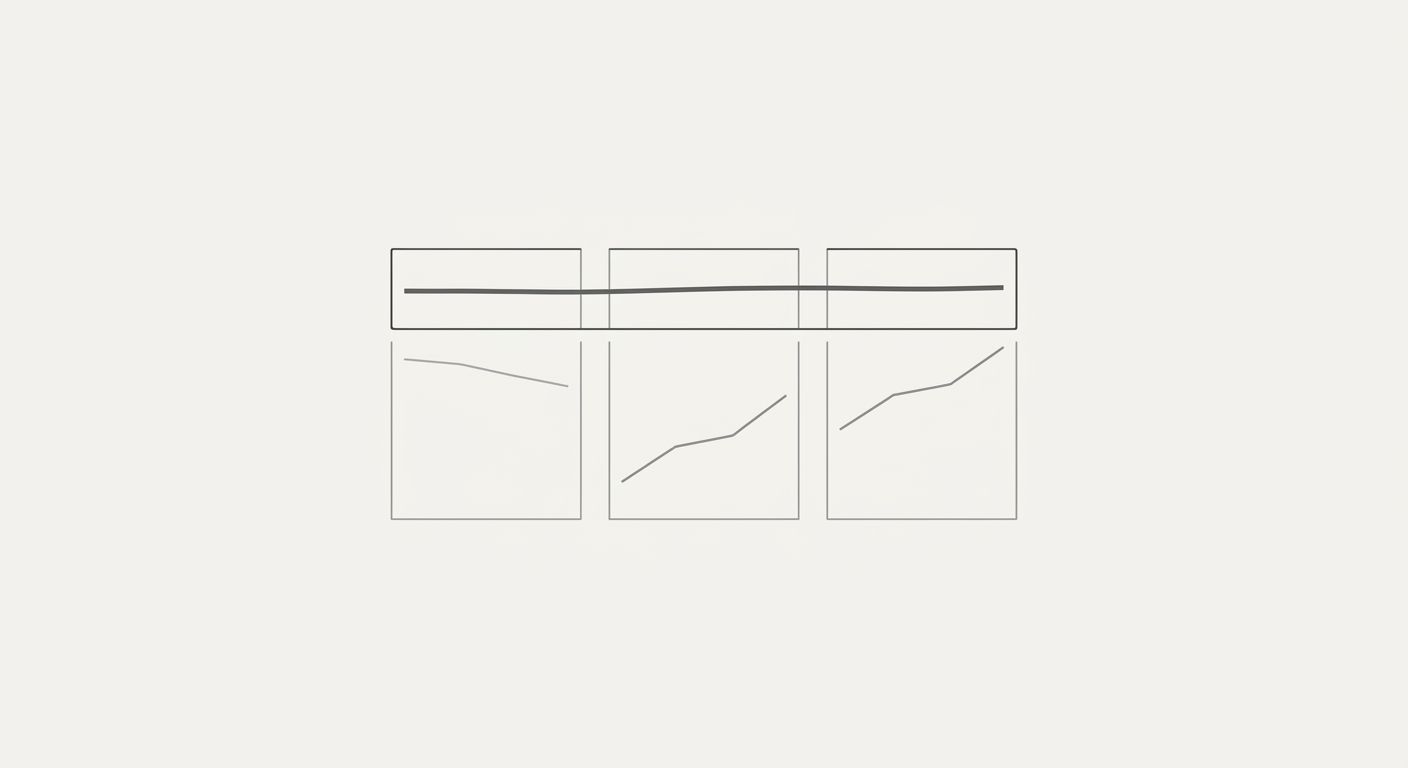 A dashboard mockup showing three side-by-side trend lines over 12 months: one for organic clicks (slightly declining), one for AI referral traffic (growing), and one for branded search impressions (gr