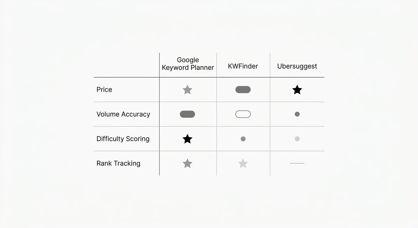 A comparison table showing three keyword research tools side by side (Google Keyword Planner, KWFinder, Ubersuggest) with rows for price, volume accuracy, difficulty scoring, and rank tracking, each c