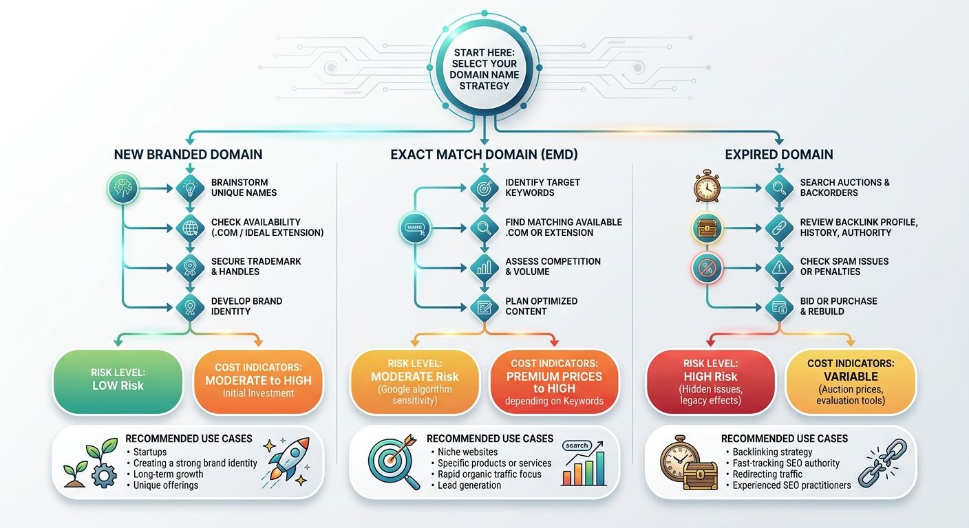 A decision flowchart for domain name selection showing three paths: new branded domain, exact match domain, and expired domain, with risk levels, cost indicators, and recommended use cases for each pa