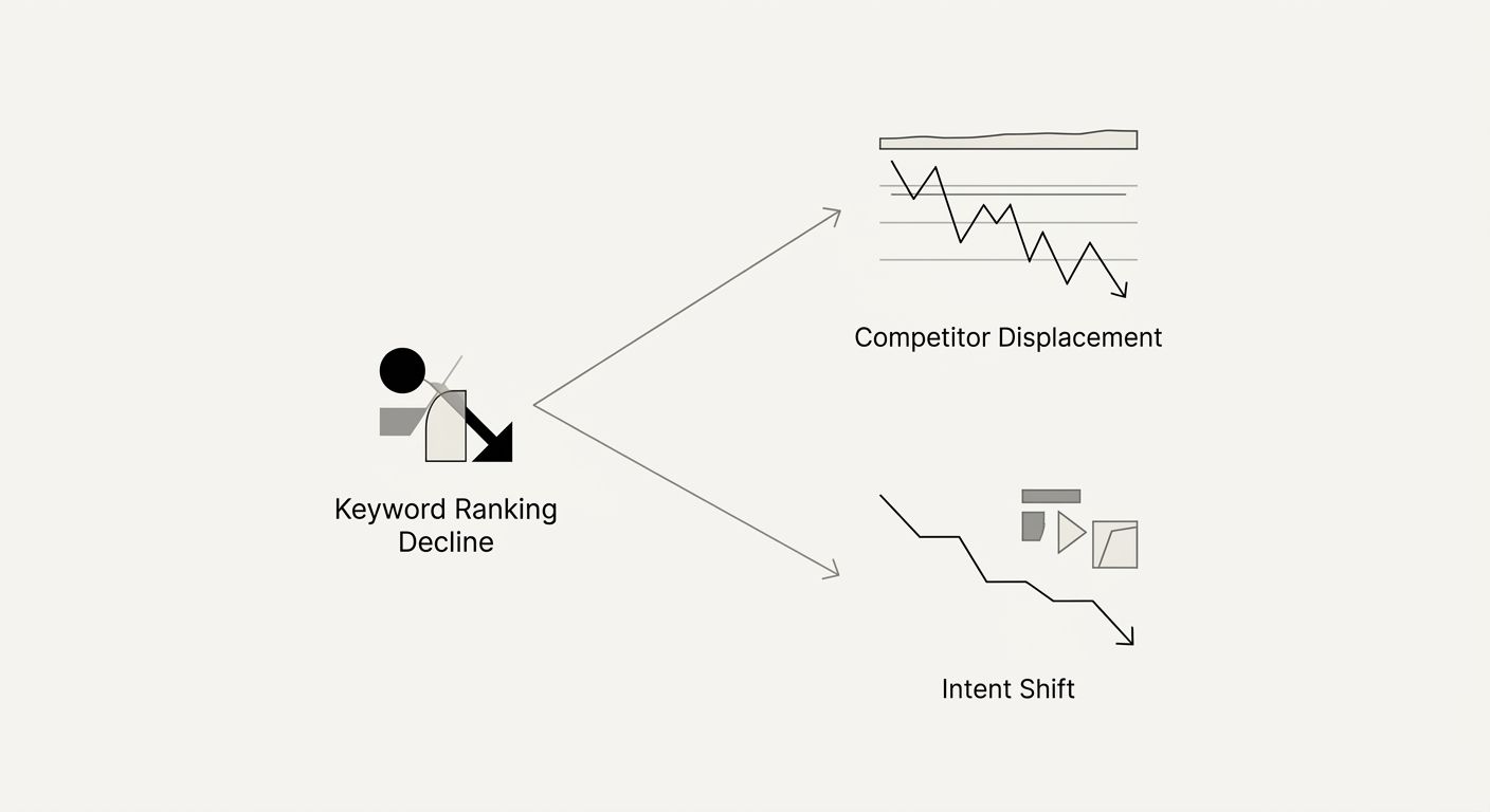 A diagram showing two branching paths from a keyword ranking decline, one branch labeled "competitor displacement" with stable impressions and dropping positions, the other labeled "intent shift" with
