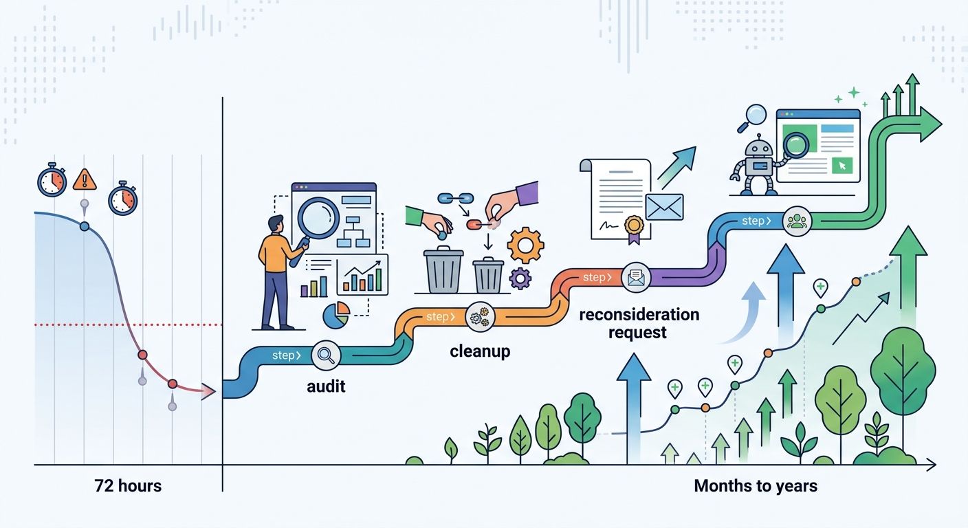 Timeline visualization comparing black hat SEO penalty and recovery durations, showing penalty hitting within 72 hours on the left, and recovery stretching across months to years on the right, with mi