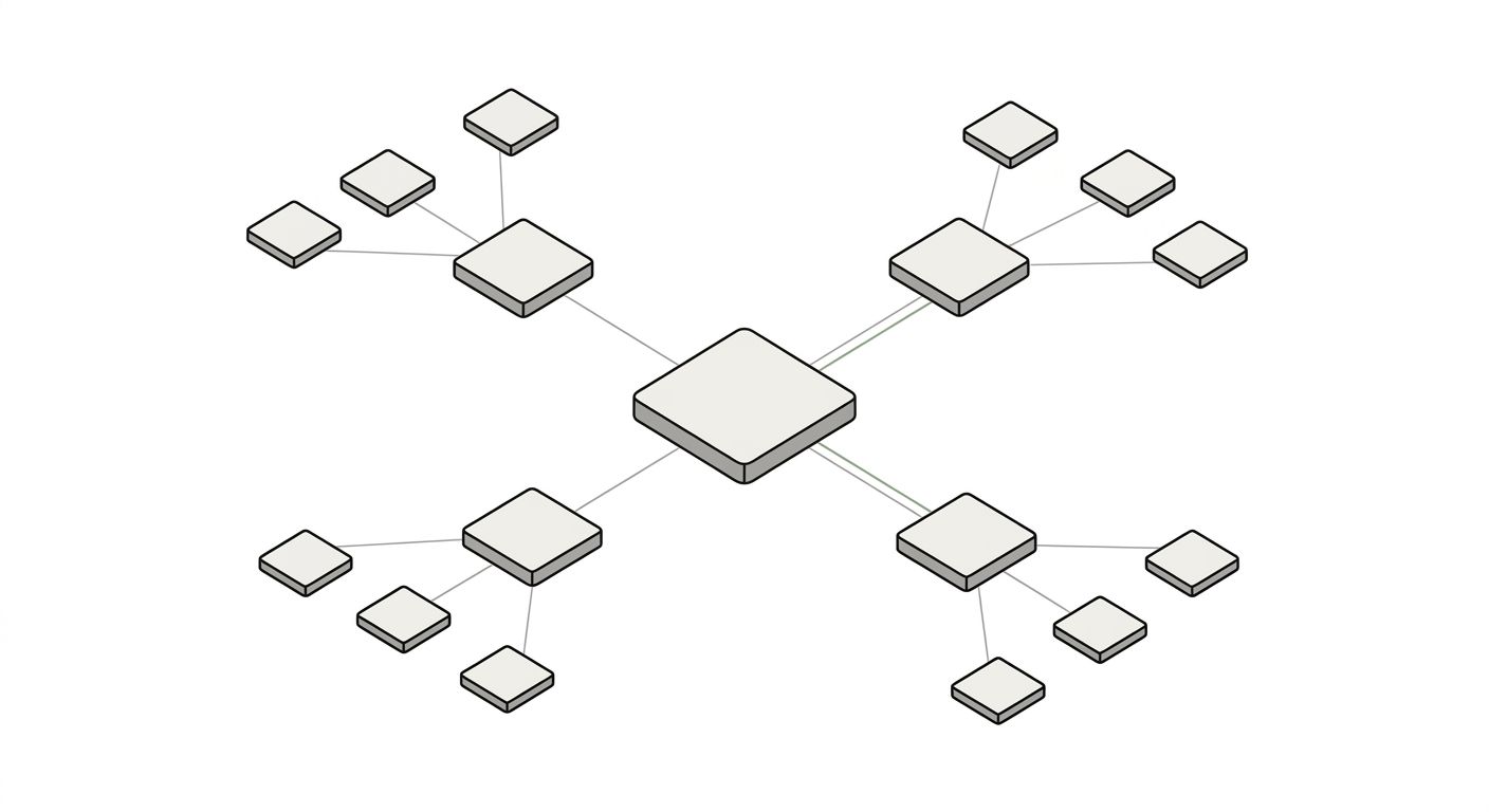 A visual site architecture map showing a well-structured affiliate site with a central homepage connecting to topical hub pages (each labeled with informational topics like "Espresso Brewing Guide" an