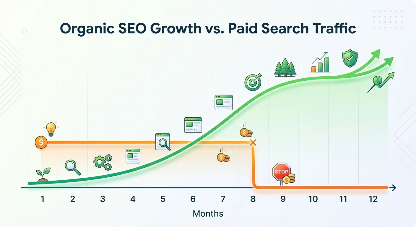 A timeline illustration comparing organic SEO growth versus paid search traffic over 12 months — paid search shown as an immediate flat line of traffic that stops when spending stops, organic SEO show