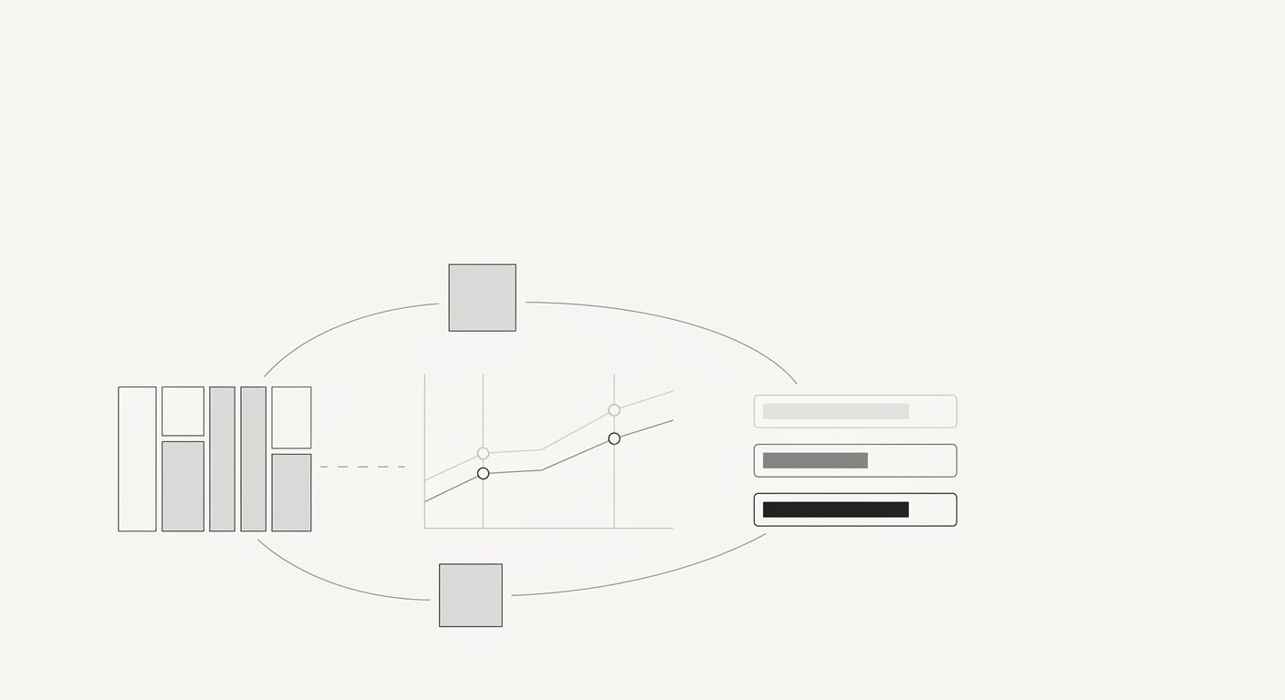 A dashboard mockup showing three tracking panels — left panel displays CTR segmented by SERP feature type with AIO-present and AIO-absent rows, center panel shows AI citation frequency across Google A