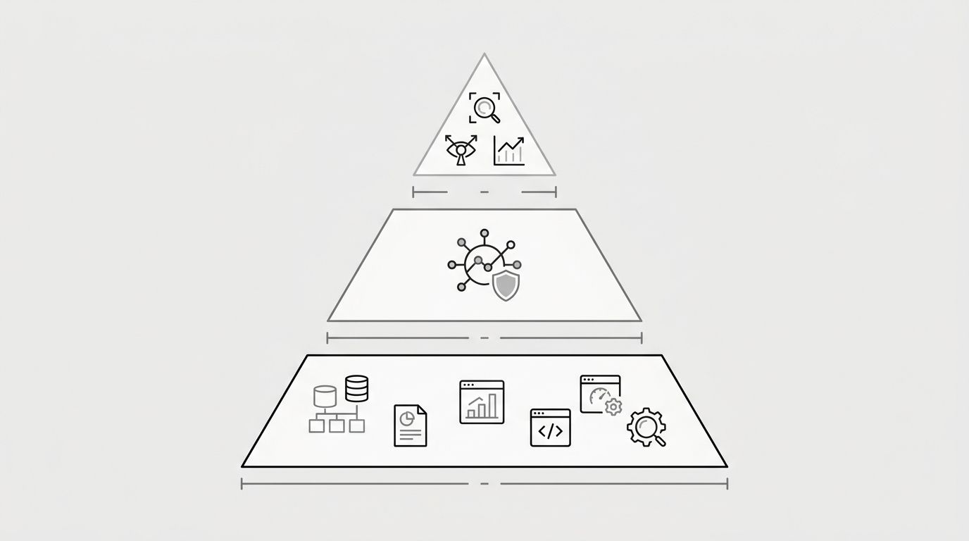 Diagram showing a three-tier pyramid of SEO tool spending with free tools like GSC and Lighthouse at the wide base, one all-in-one paid tool in the middle tier, and specialized enterprise tools at the
