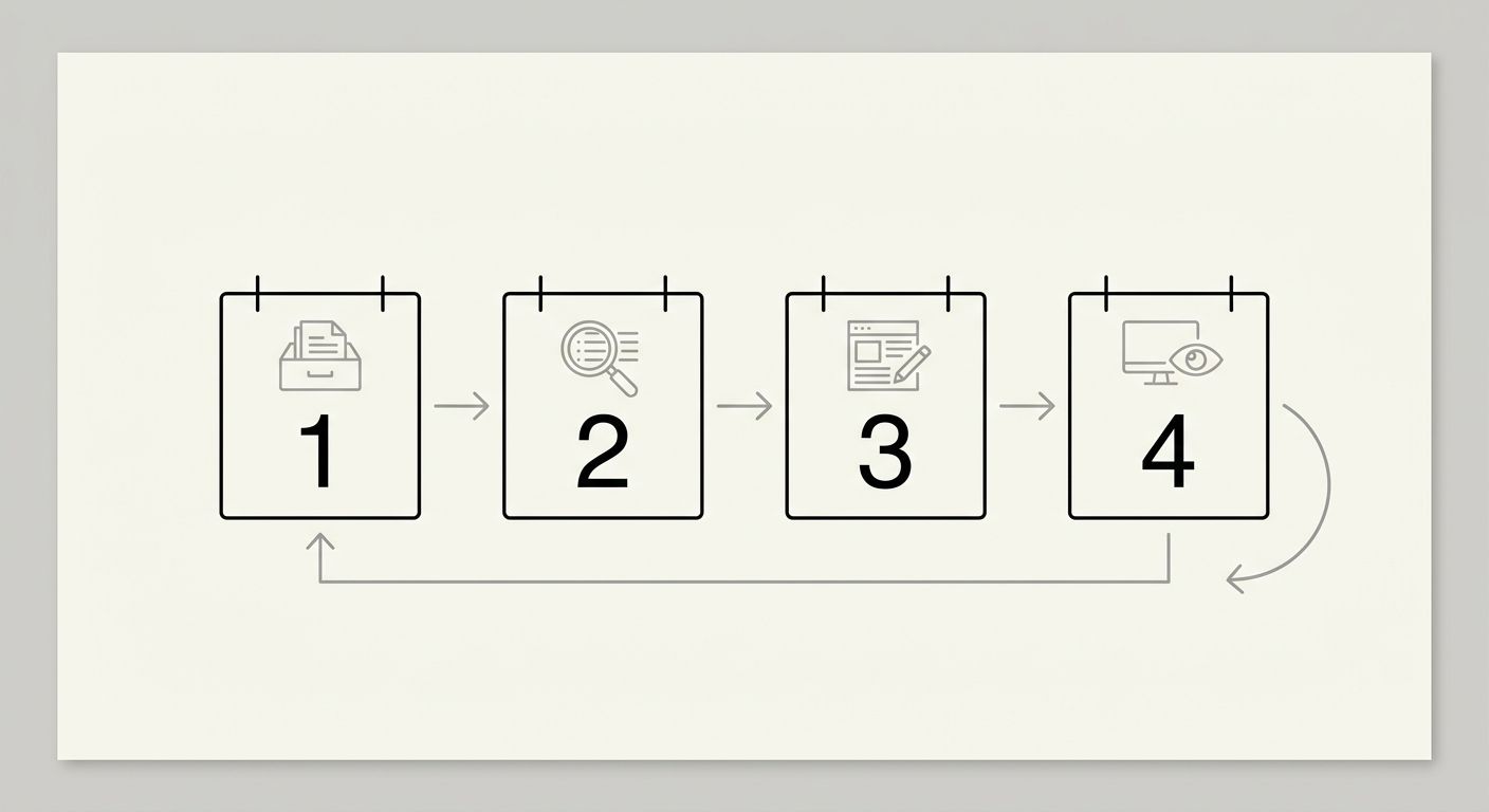 A calendar-style visual showing a four-week quarterly audit process, with week 1 labeled data pull and classification, week 2 labeled keyword refresh, week 3 labeled content updates, and week 4 labele
