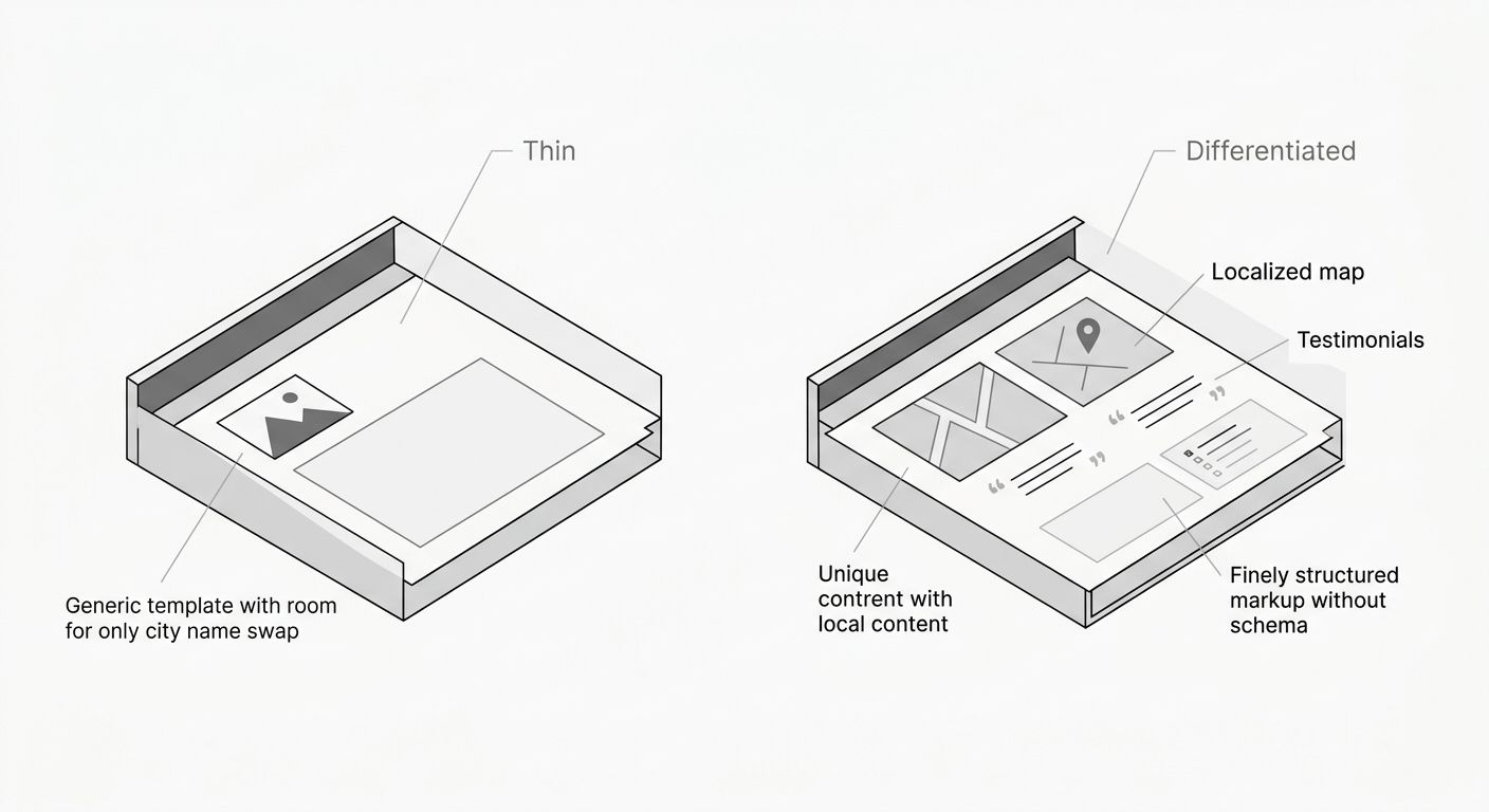 A side-by-side comparison of two location pages — one showing a generic template with only a city name swap and stock imagery labeled "Thin," and another showing unique local content with neighborhood