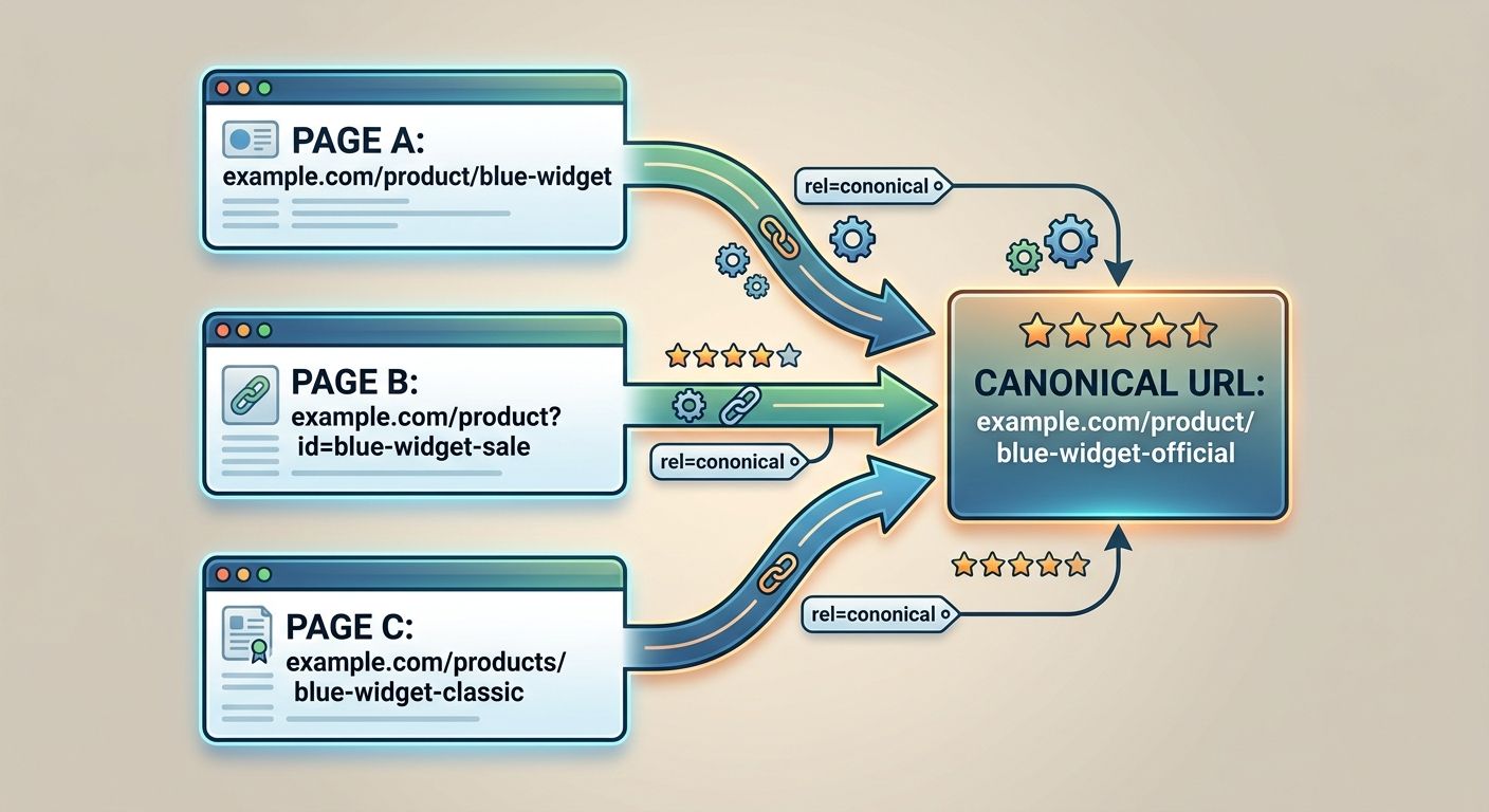 Diagram showing three duplicate product page URLs with arrows converging to a single canonical URL, illustrating how the rel=canonical tag consolidates ranking signals into one authoritative page