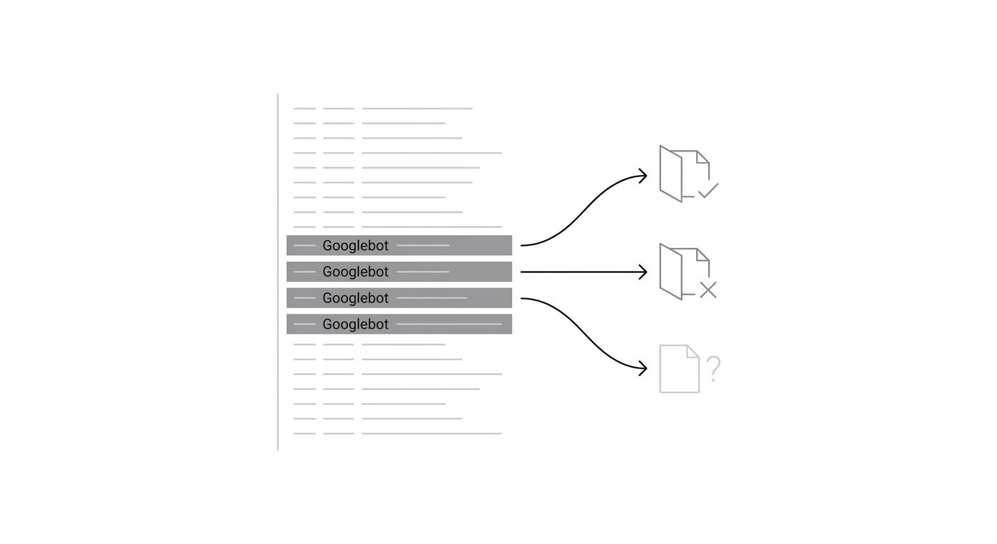 A simplified diagram showing a server log file with Googlebot entries highlighted, arrows pointing to three categories: crawled and indexed, crawled but not indexed, and never crawled, illustrating ho