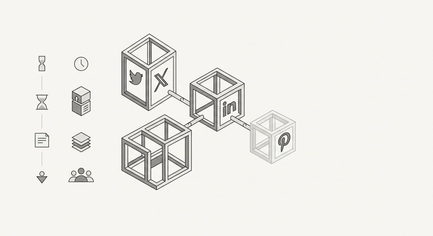 A comparison table showing three social platforms (Twitter/X, LinkedIn, Pinterest) with columns for content lifespan, primary SEO benefit, best content type, and audience quality