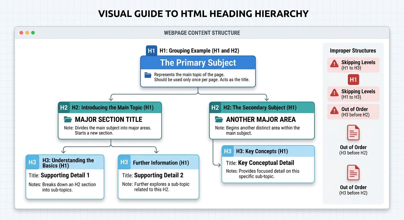 A visual diagram showing proper HTML heading hierarchy on a webpage, with H1 at top, H2s branching below it, and H3s nested under specific H2s, annotated with brief usage notes