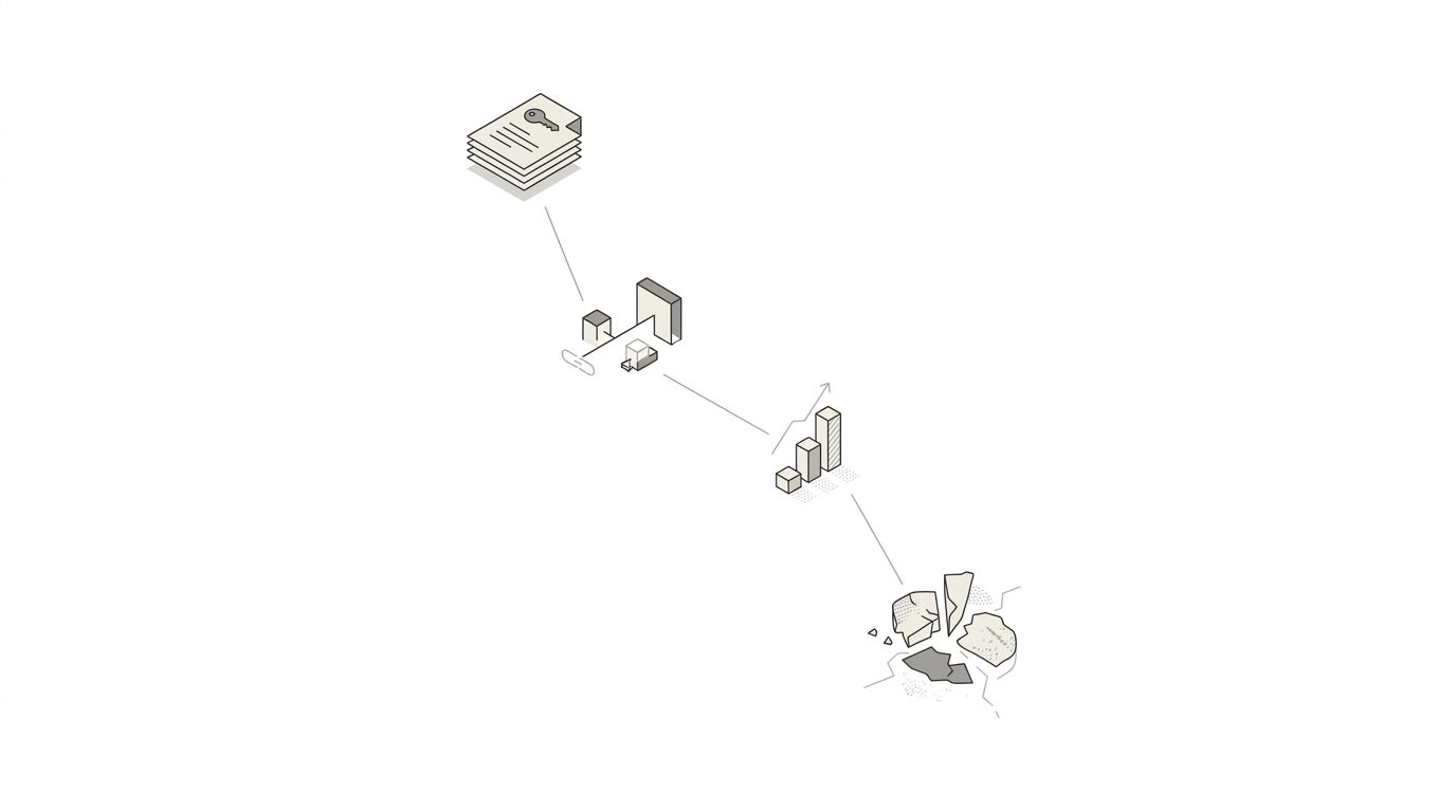 Illustration showing the lifecycle of a PBN penalty as a downward trajectory - domain purchase at the top, then site setup, link placement, a brief ranking boost peak, followed by detection, penalty, 