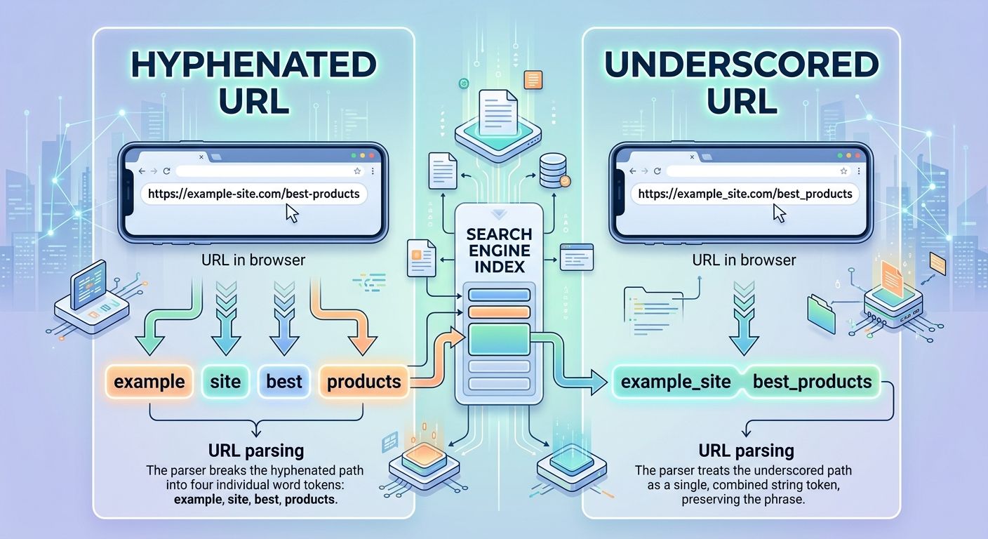 Side-by-side visual comparison showing how Google's parser tokenizes a hyphenated URL into three separate word tokens versus an underscored URL being read as one compound string, with arrows indicatin