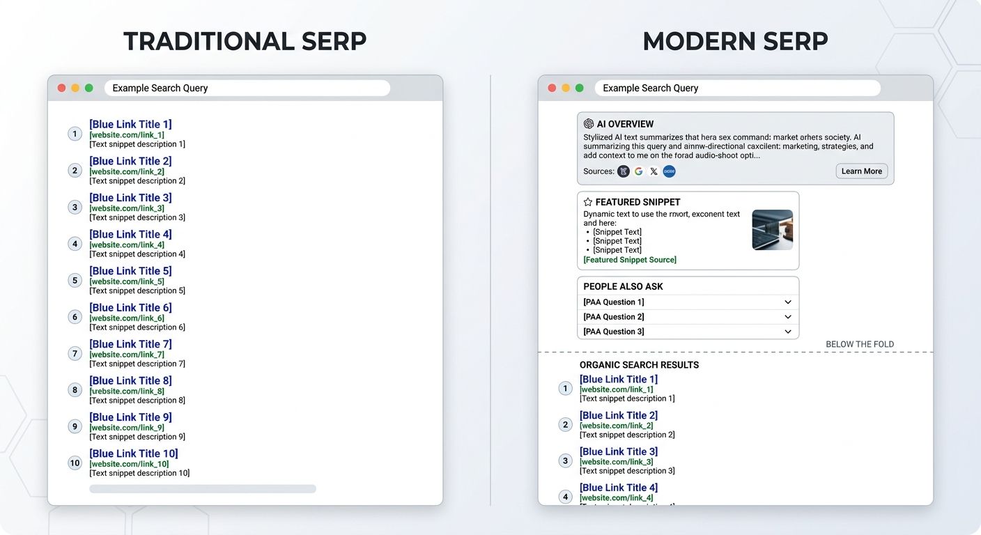A diagram comparing a traditional SERP layout (ten blue links) with a modern SERP showing AI Overviews, featured snippets, People Also Ask, and organic results below the fold