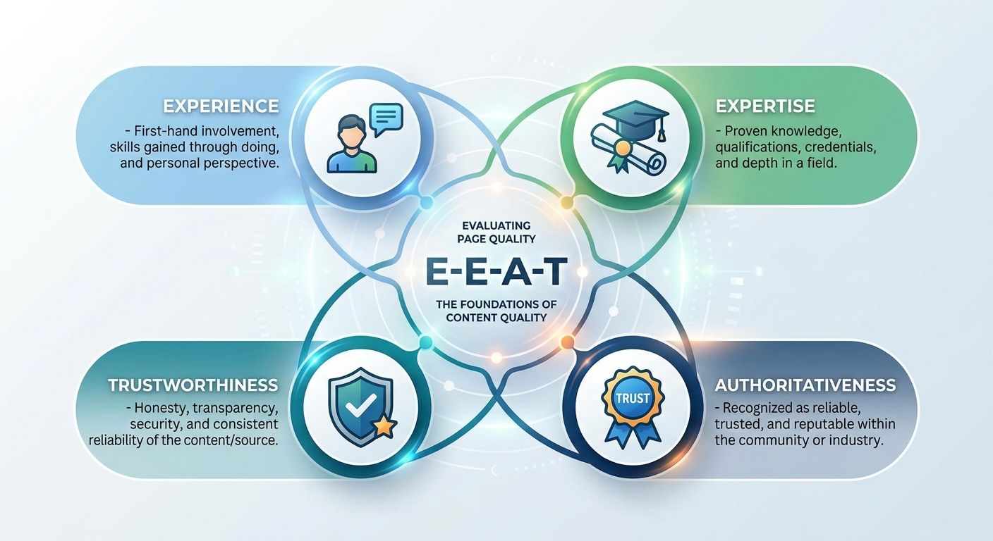 Diagram showing Google's four E-E-A-T pillars arranged as interconnected elements — Experience represented by a person icon, Expertise by a diploma, Authoritativeness by a trust badge, and Trustworthi