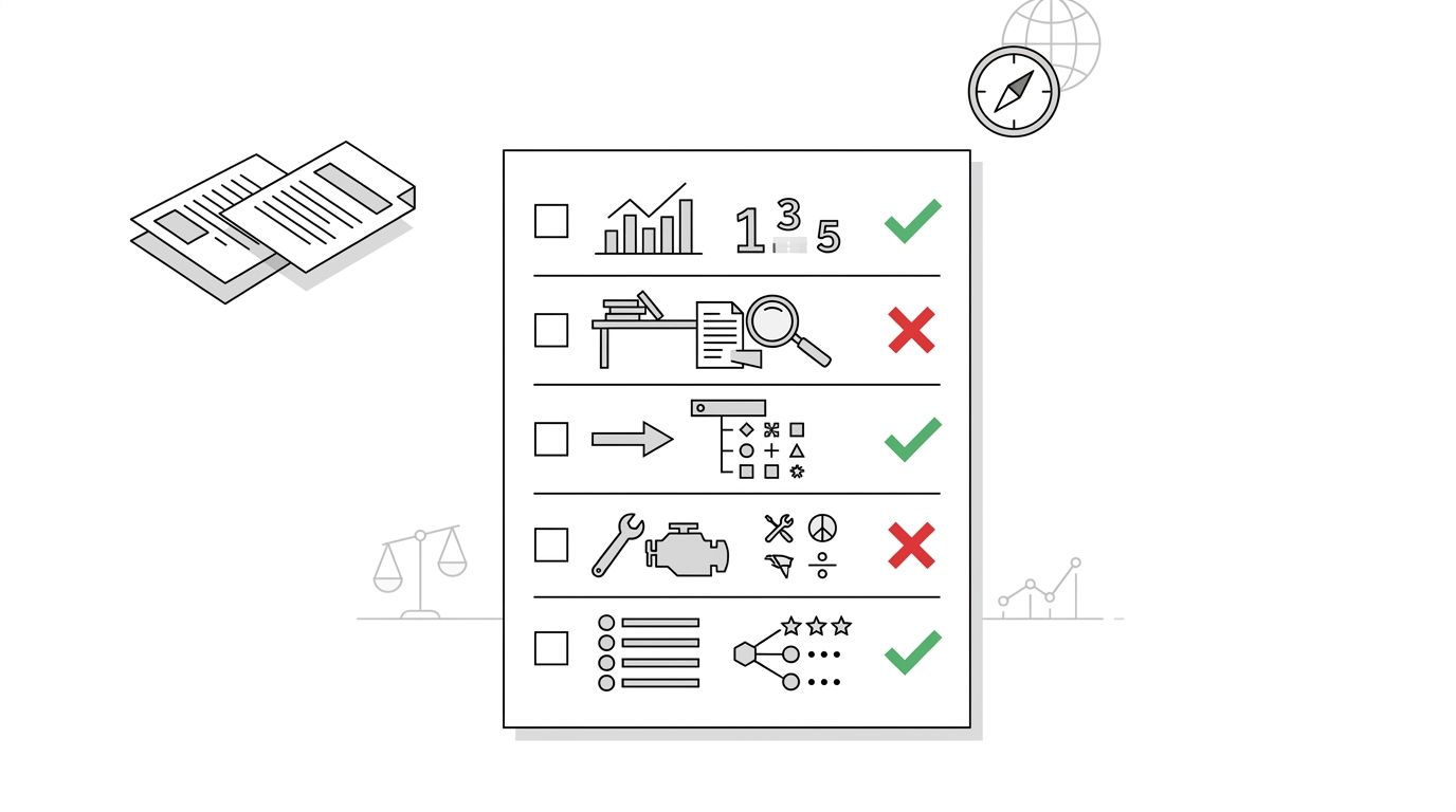 A checklist-style visual showing five evaluation criteria for niche directories — Domain Authority threshold, editorial review process, organic traffic to the directory itself, niche relevance, and qu