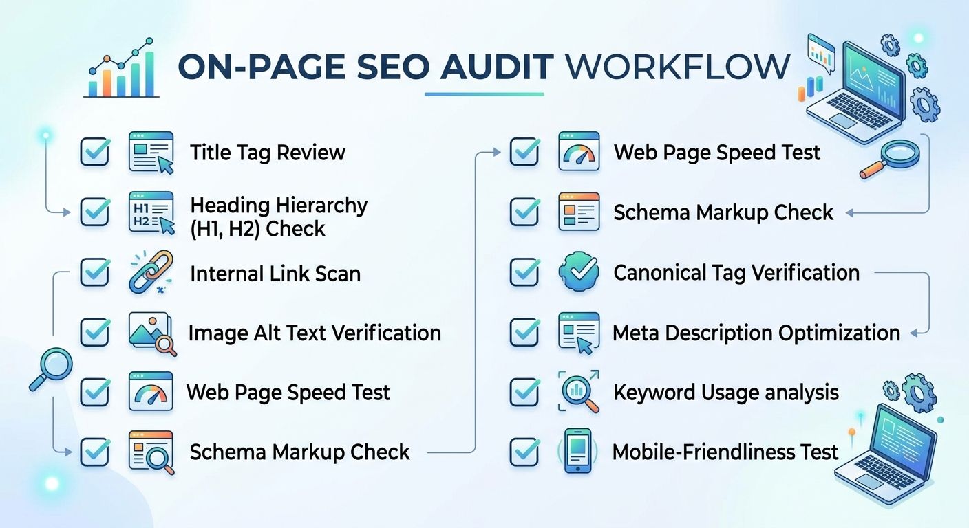 A checklist-style illustration showing an on-page SEO audit workflow with items like title tag review, heading hierarchy check, internal link scan, image alt text verification, and page speed test, ea