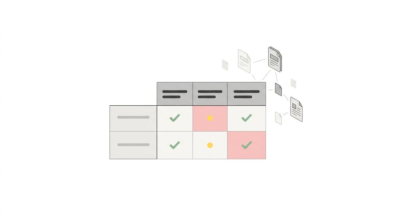A spreadsheet-style feature comparison matrix with SEO tools listed as rows and capability categories as columns, with green checkmarks indicating primary coverage, yellow dots indicating partial cove
