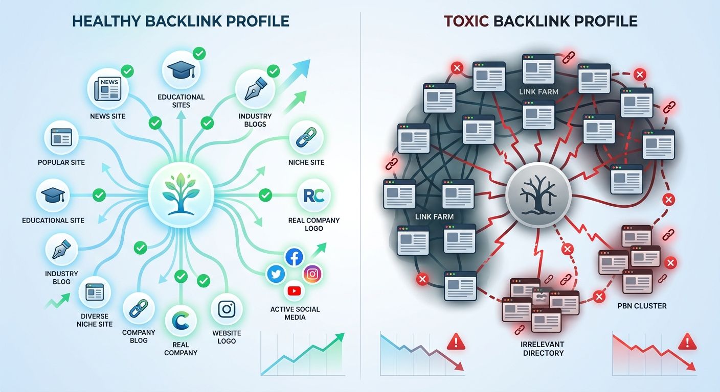 A visual showing the difference between a healthy backlink profile (diverse, relevant, authoritative sources) and a toxic backlink profile (link farms, irrelevant directories, PBN clusters)