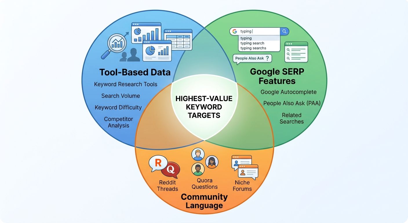 A Venn diagram showing three overlapping sources of keyword ideas: tool-based data, Google SERP features (autocomplete, PAA, related searches), and community language (Reddit, Quora, niche forums), wi