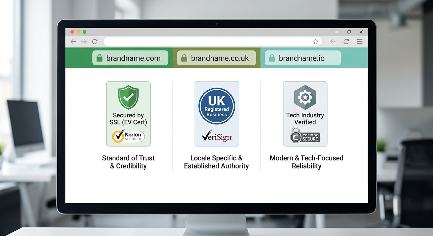 A browser address bar showing three different domain examples side by side - brandname.com, brandname.co.uk, and brandname.io - with visual trust indicators and user perception labels beneath each one