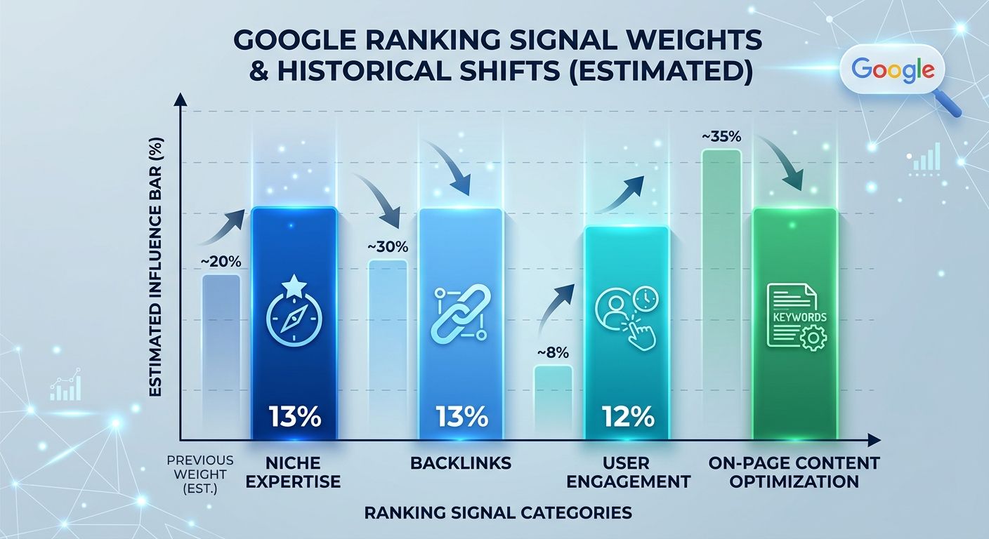 A bar chart comparing the relative weights of Google's major ranking signal categories — showing niche expertise at 13%, backlinks at 13%, user engagement at 12%, and on-page content optimization, wit
