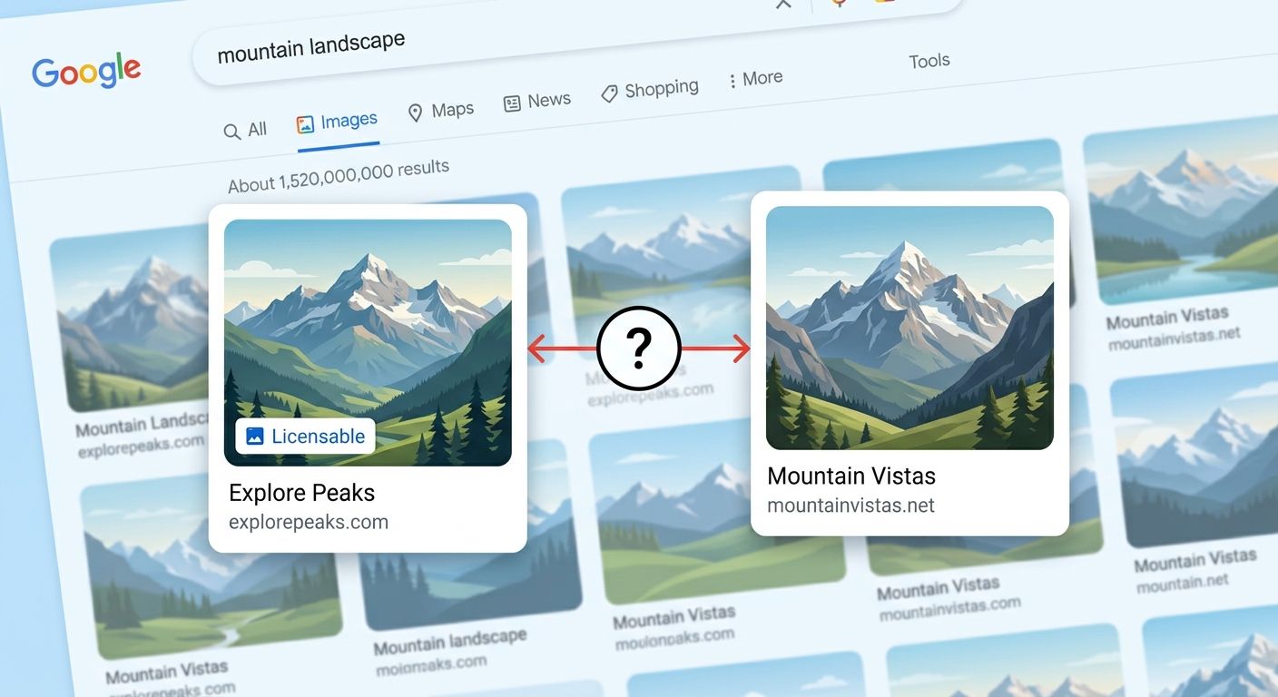 Screenshot-style illustration of Google Images search results showing two image thumbnails side by side, one with a "Licensable" badge overlay and one without, demonstrating the visual difference sche