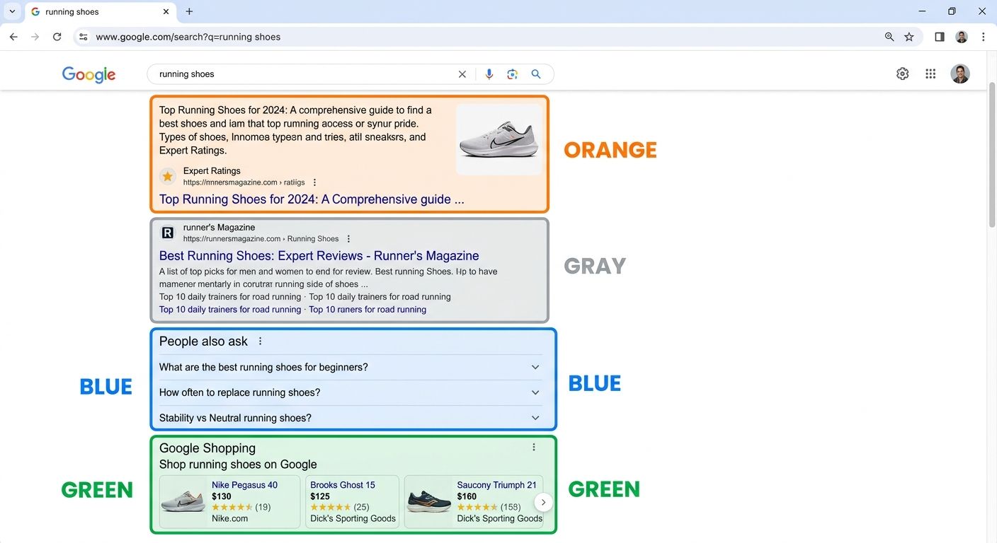 A screenshot-style illustration of a Google search results page with color-coded annotations pointing out different intent signals: People Also Ask boxes highlighted in blue, shopping results in green