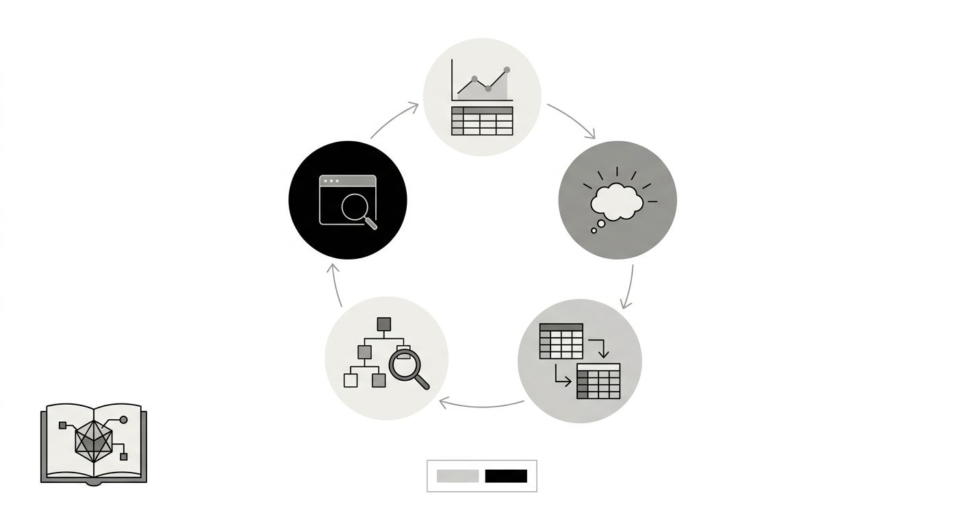 An infographic showing a circular workflow with five numbered steps—GSC export, keyword tool expansion, spreadsheet merge, crawl audit, and GSC monitoring—connected by directional arrows, with tool lo
