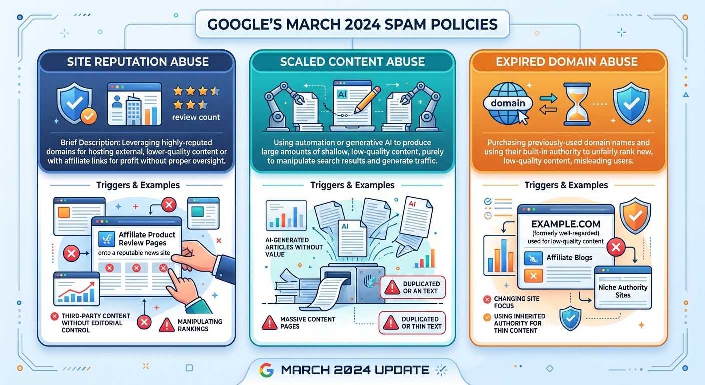 Infographic showing Google's three March 2024 spam policies side by side with site reputation abuse, scaled content abuse, and expired domain abuse, each with a brief description and example of what t