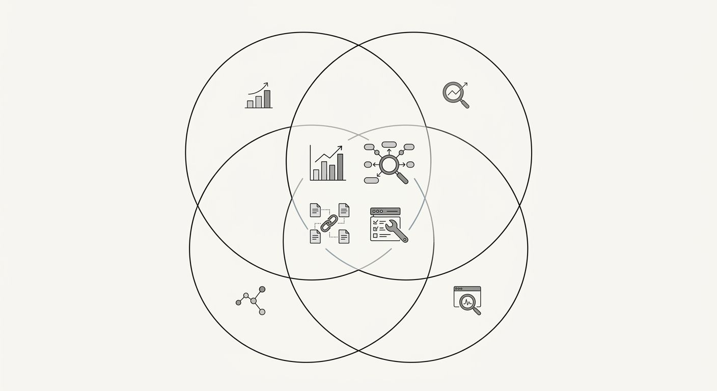 A Venn diagram showing feature overlap between three popular SEO tools (Ahrefs, Semrush, and Moz Pro), with shared features like rank tracking, keyword research, backlink analysis, and site auditing l