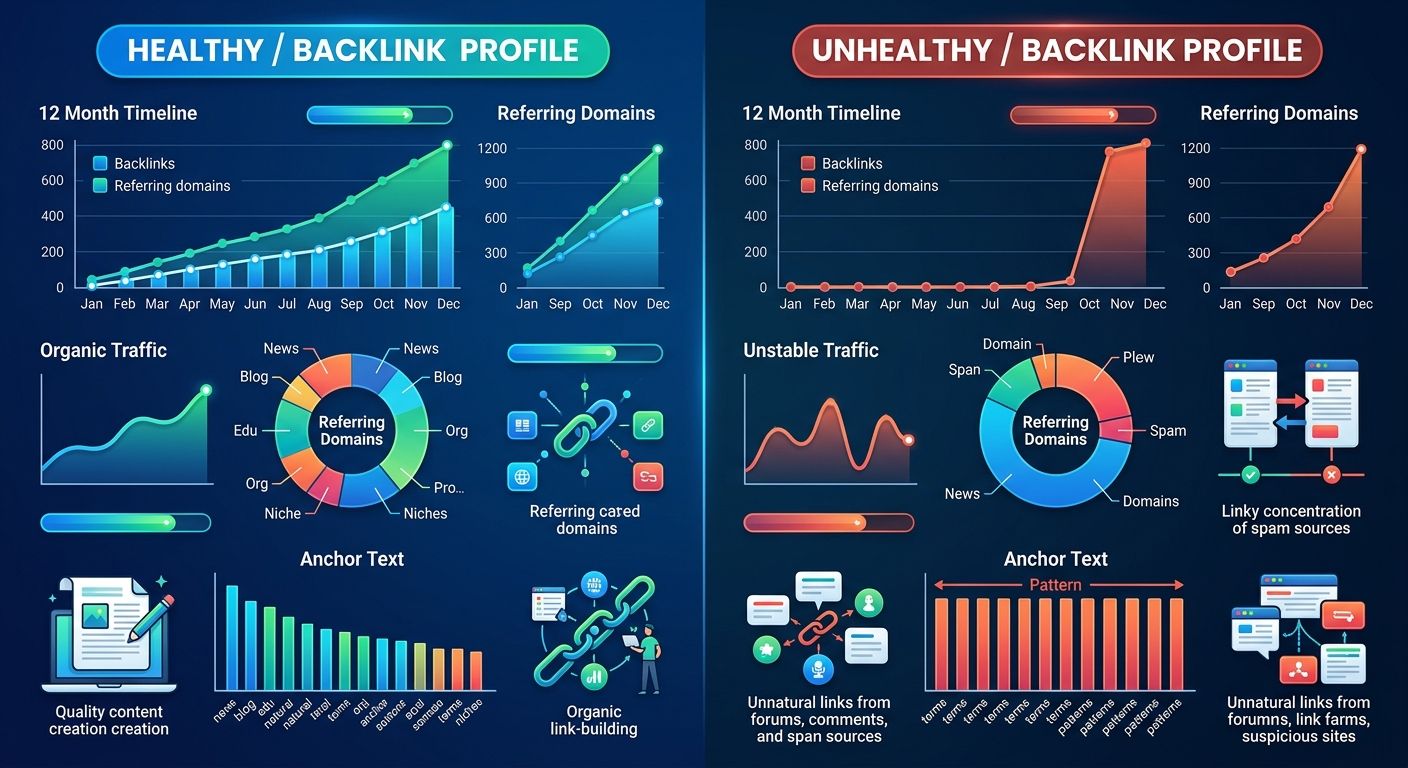 Infographic comparing two backlink profiles side by side — one healthy with diverse referring domains, varied anchor text, and gradual growth over 12 months, and one unhealthy with few domains, repeti
