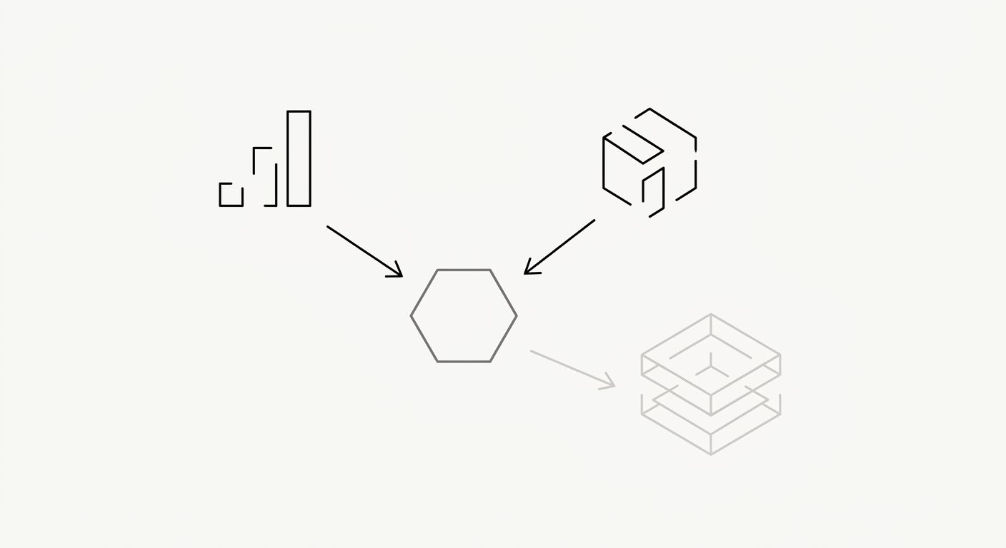 A diagram showing two data sources (Google Analytics 4 and Google Search Console) each with their key data points, connected by arrows flowing into BigQuery in the center, which outputs a combined rep