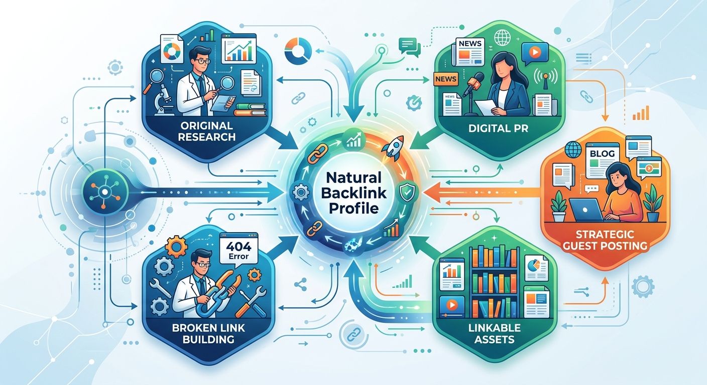 Illustration showing five white-hat link building tactics as interconnected nodes — original research, digital PR, broken link building, linkable assets, and strategic guest posting — with arrows show