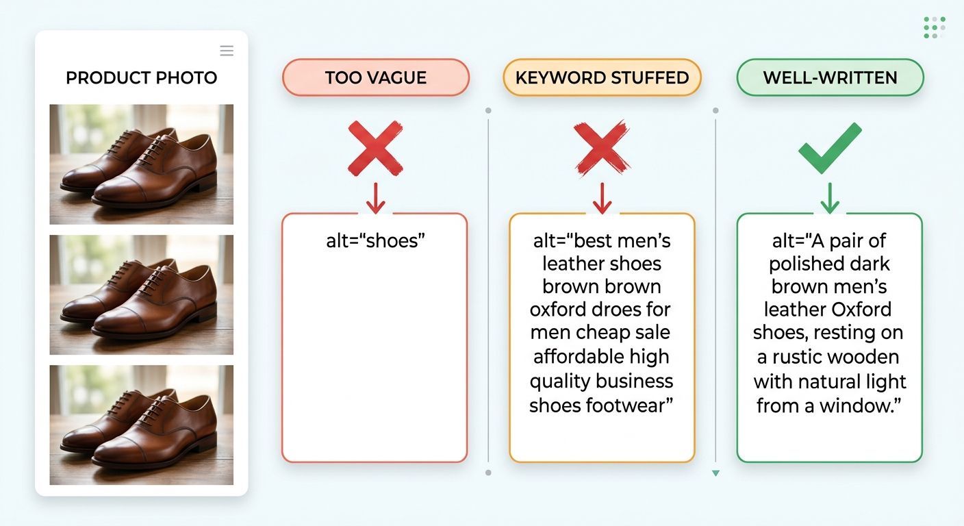 Side-by-side comparison showing three examples of alt text for the same product photo of brown leather shoes, labeled as "too vague," "keyword stuffed," and "well-written," with checkmarks and X marks