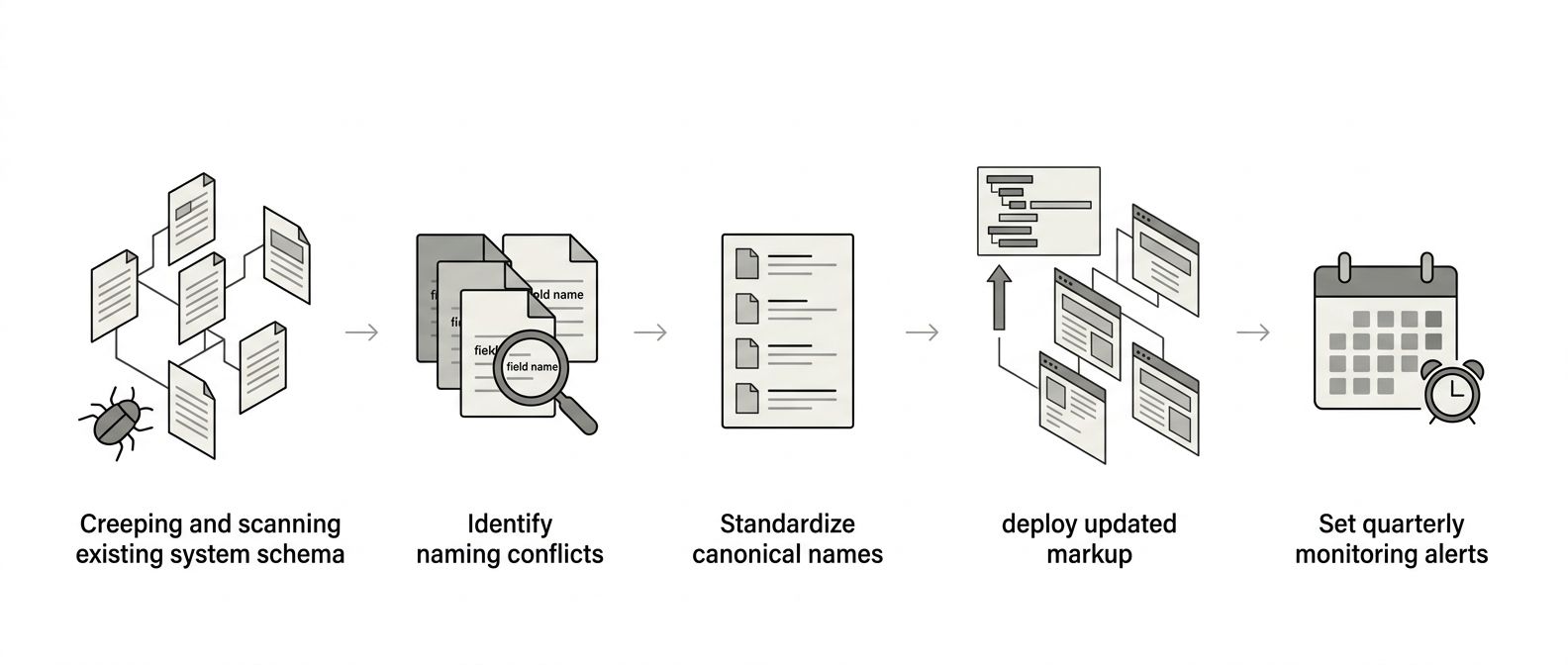 An infographic showing a 5-step metadata consistency audit flow, starting with "Crawl and inventory existing schema" through "Identify naming conflicts" to "Standardize canonical names" to "Deploy upd