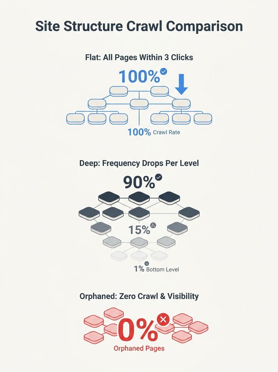 Infographic comparing a flat site structure with 3 levels where all pages sit within 3 clicks versus a deep site structure with 7 levels showing crawl frequency percentages dropping dramatically at ea