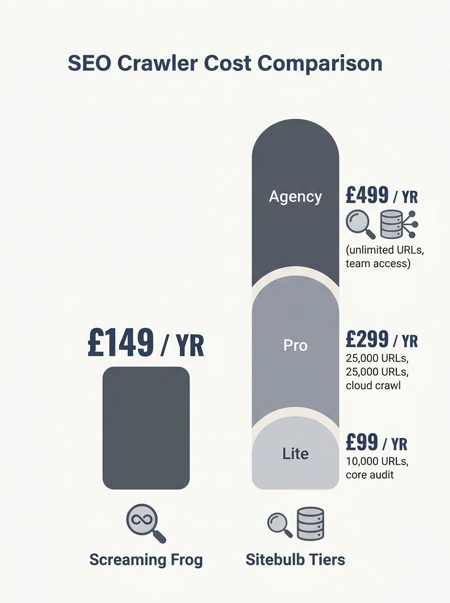 side-by-side pricing comparison chart showing Screaming Frog annual cost versus Sitebulb's three pricing tiers with key features listed under each