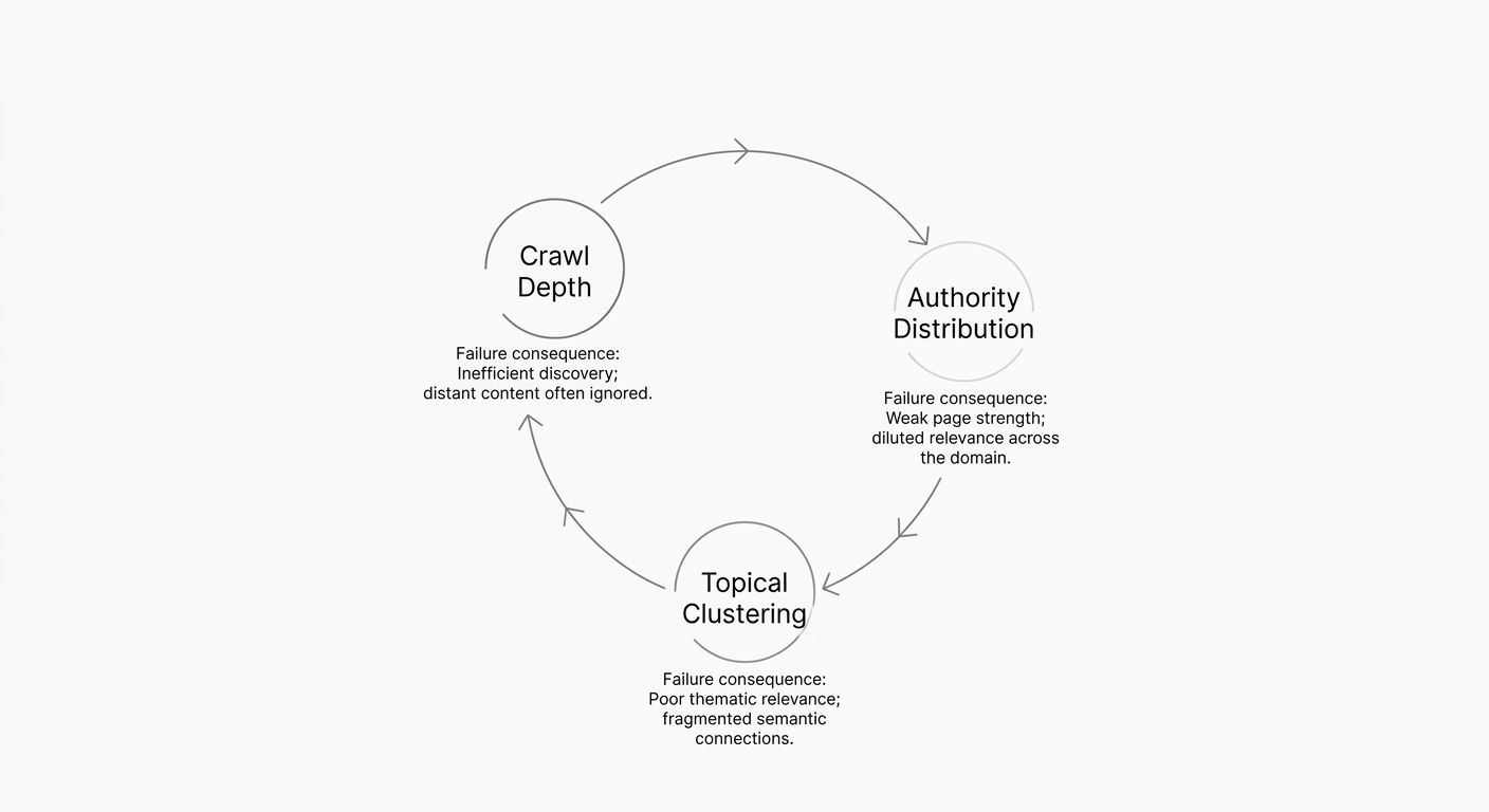 A circular diagram showing the three-layer feedback loop of site architecture with three connected nodes labeled Crawl Depth, Authority Distribution, and Topical Clustering, with arrows showing the re
