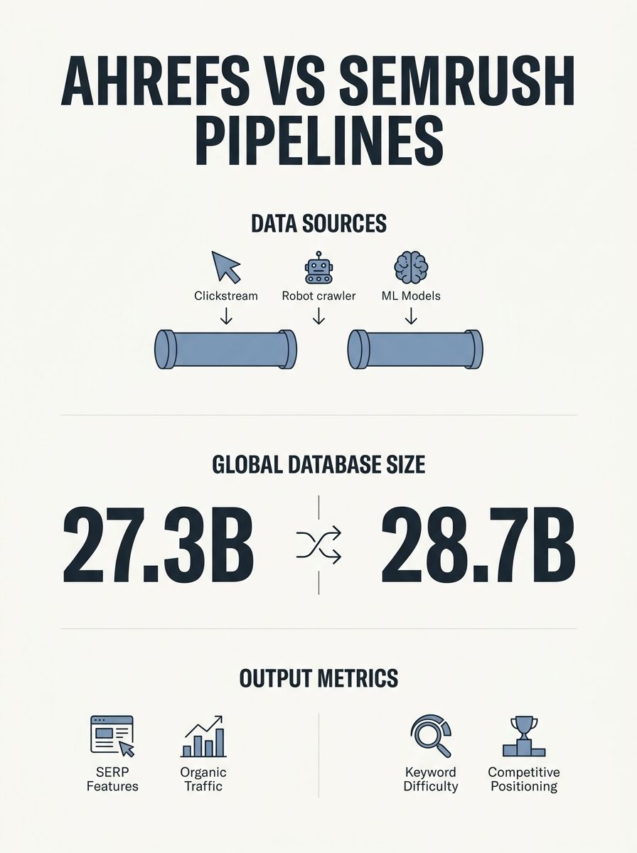 infographic comparing Ahrefs and Semrush keyword database pipelines side by side, showing data sources (clickstream, crawlers, ML models), database sizes (27.3B vs 28.7B), and the different output met
