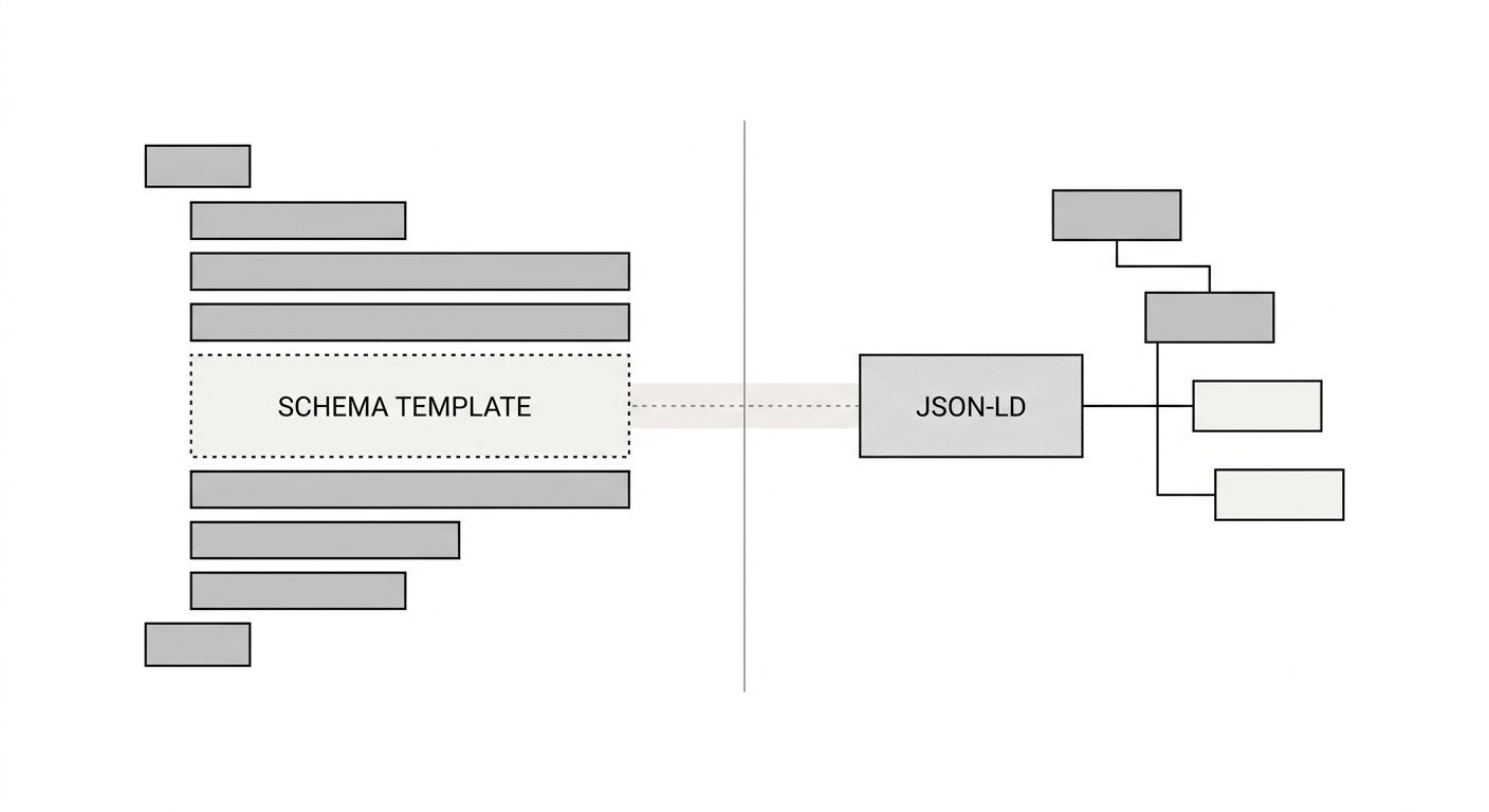 A side-by-side comparison showing raw HTML source code with a schema template placeholder on the left and the JavaScript-rendered DOM showing the fully populated JSON-LD entity data on the right, high