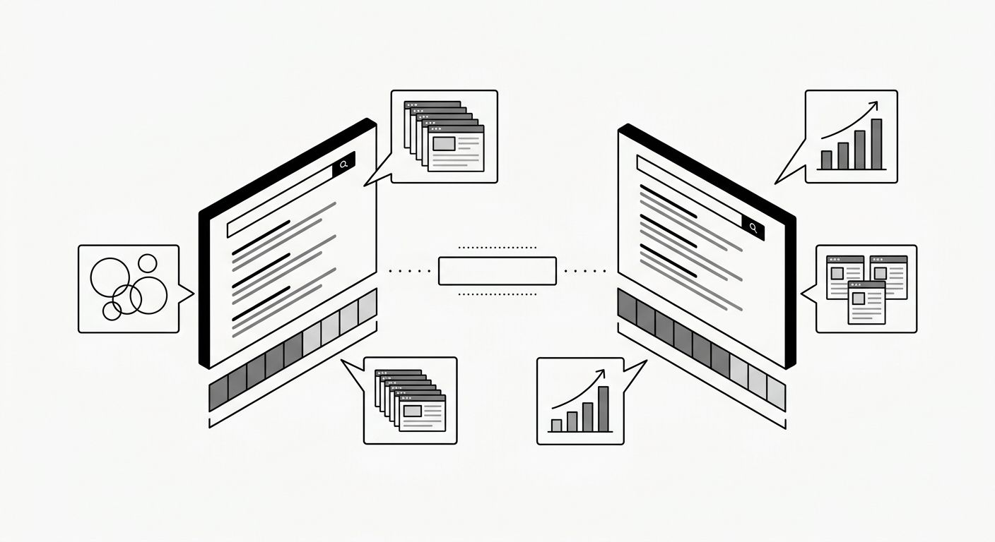 side-by-side screenshot-style illustration showing the same keyword producing different difficulty scores in two SEO tools, with callout labels explaining what signals feed each score