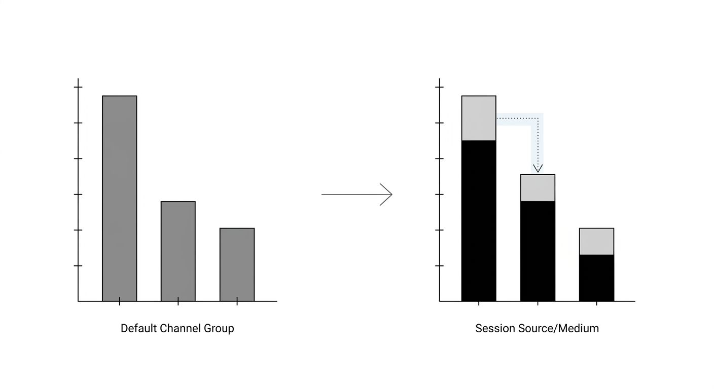 infographic with two side-by-side bar charts comparing the same site's traffic data — left chart shows Default Channel Group view with Organic Search, Direct, and Unassigned percentages; right chart s