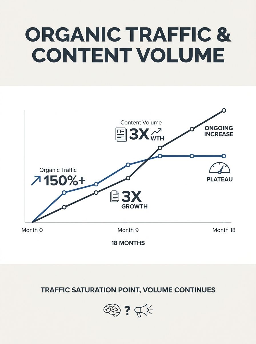 a line graph showing organic traffic rising steadily alongside content volume over 12-18 months, then the traffic line flattening while the content volume line continues upward
