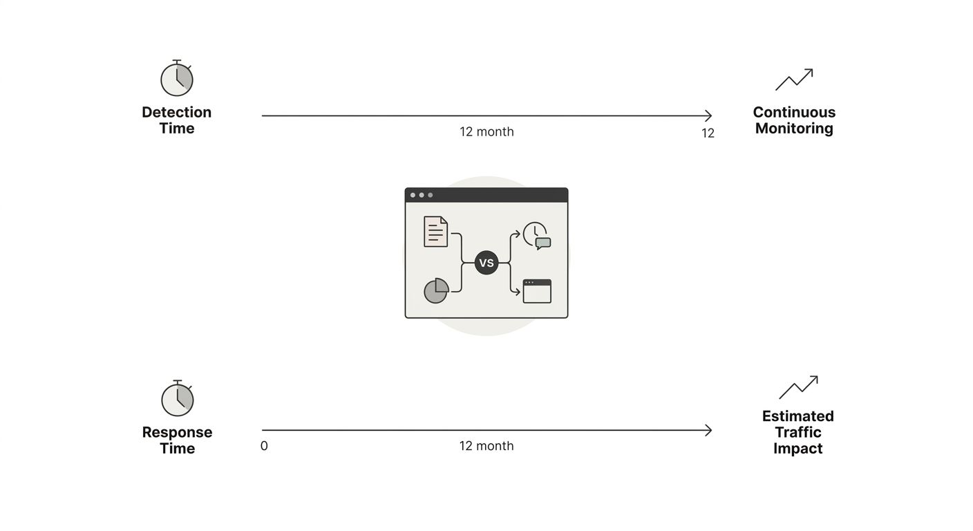 An infographic comparing quarterly audit workflow versus continuous monitoring workflow side by side, showing detection time, response time, and estimated traffic impact for each approach across a 12-
