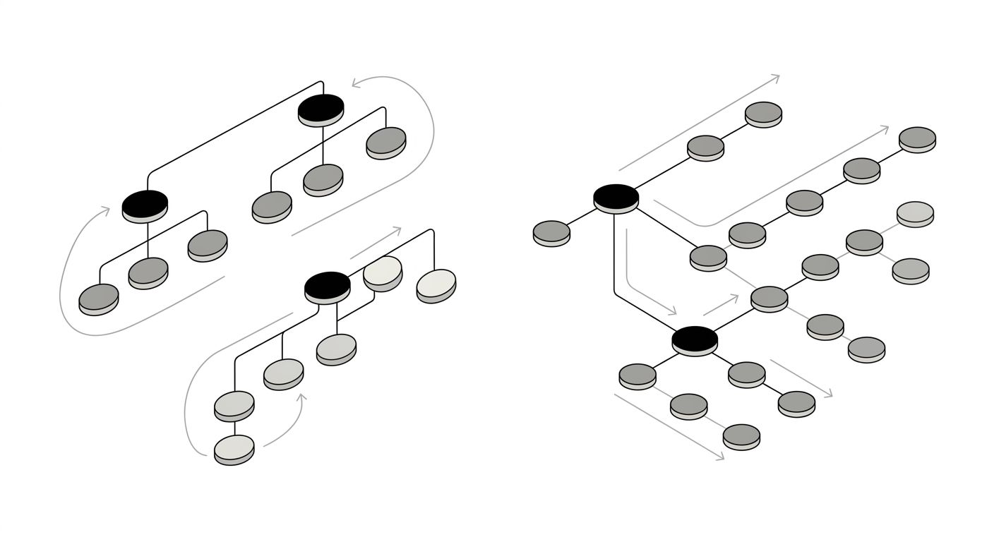 A side-by-side comparison showing two site structures for the same business: one organized by keyword clusters (left) and one organized by user tasks (right), with arrows showing how user flow differs