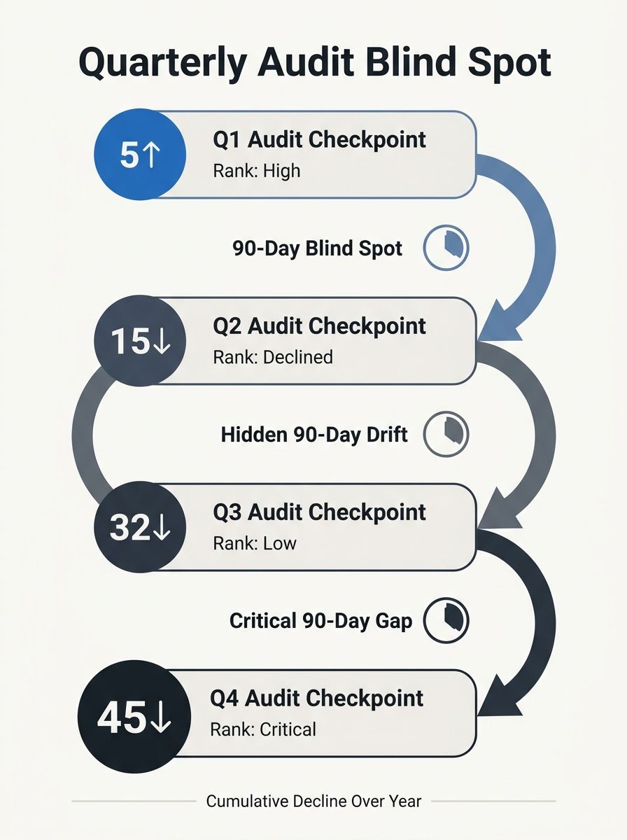 A timeline visualization showing the gap between quarterly audit checkpoints, with ranking positions drifting downward between each checkpoint, illustrating the 90-day blind spot