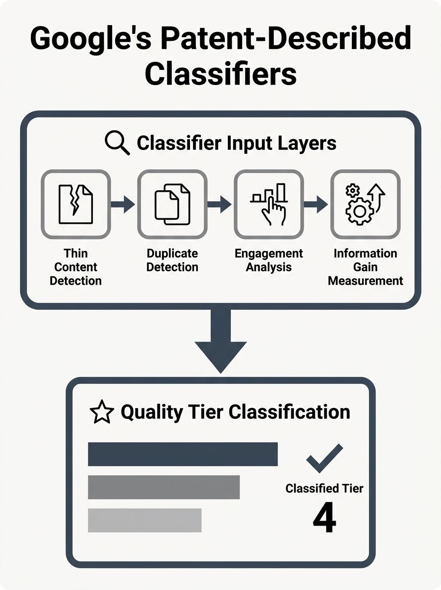 diagram showing how Google's patent-described classifiers work in layers, with separate boxes for thin content detection, duplicate detection, engagement analysis, and information gain measurement, al