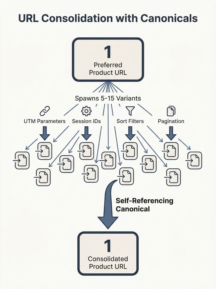 infographic showing how a single product URL spawns 5 to 15 variant URLs through UTM parameters, session IDs, sort filters, and pagination, with a self-referencing canonical consolidating them back to
