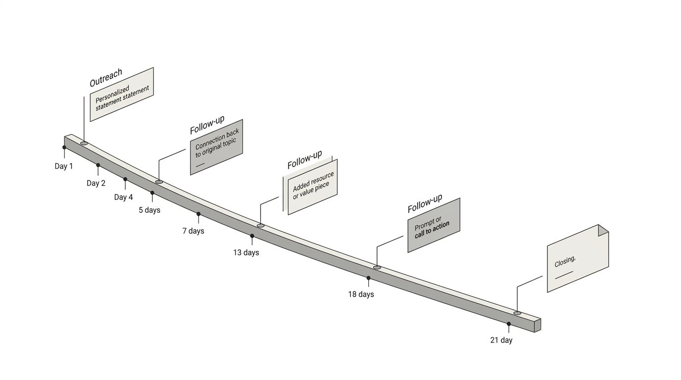 timeline visualization of a 5-touch outreach follow-up sequence over 21 days, showing optimal spacing between emails and what each touchpoint should contain